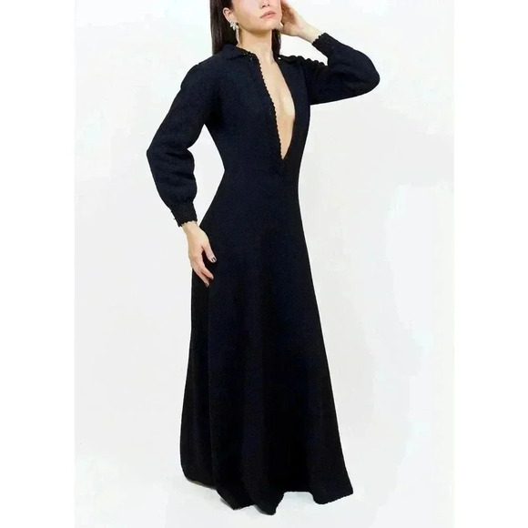 Vintage Black Deep V Dress Small Collared Long Bishop Sleeve Gown Sweater Dress - Picture 3 of 4